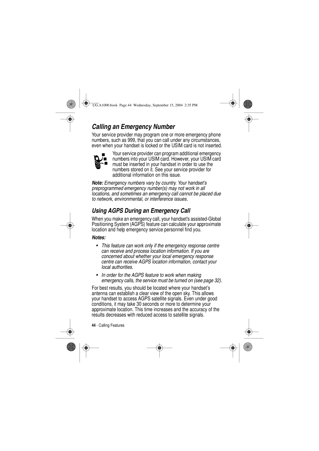 Motorola A1000 manual Calling an Emergency Number, Using Agps During an Emergency Call 