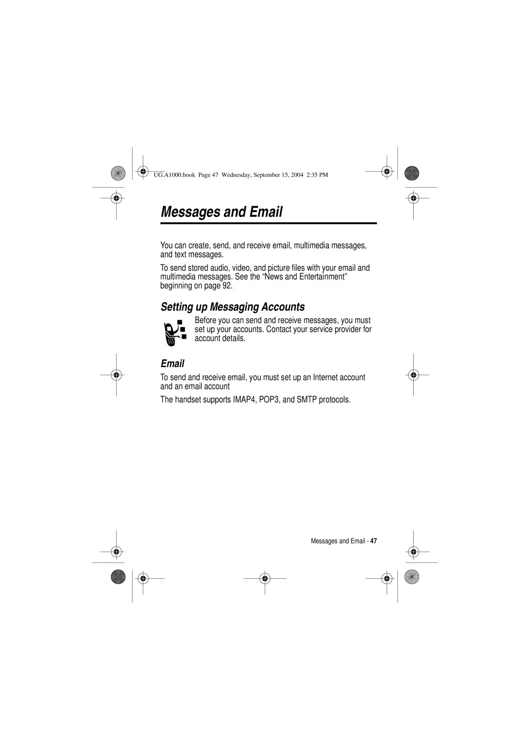 Motorola A1000 manual Messages and Email, Setting up Messaging Accounts 