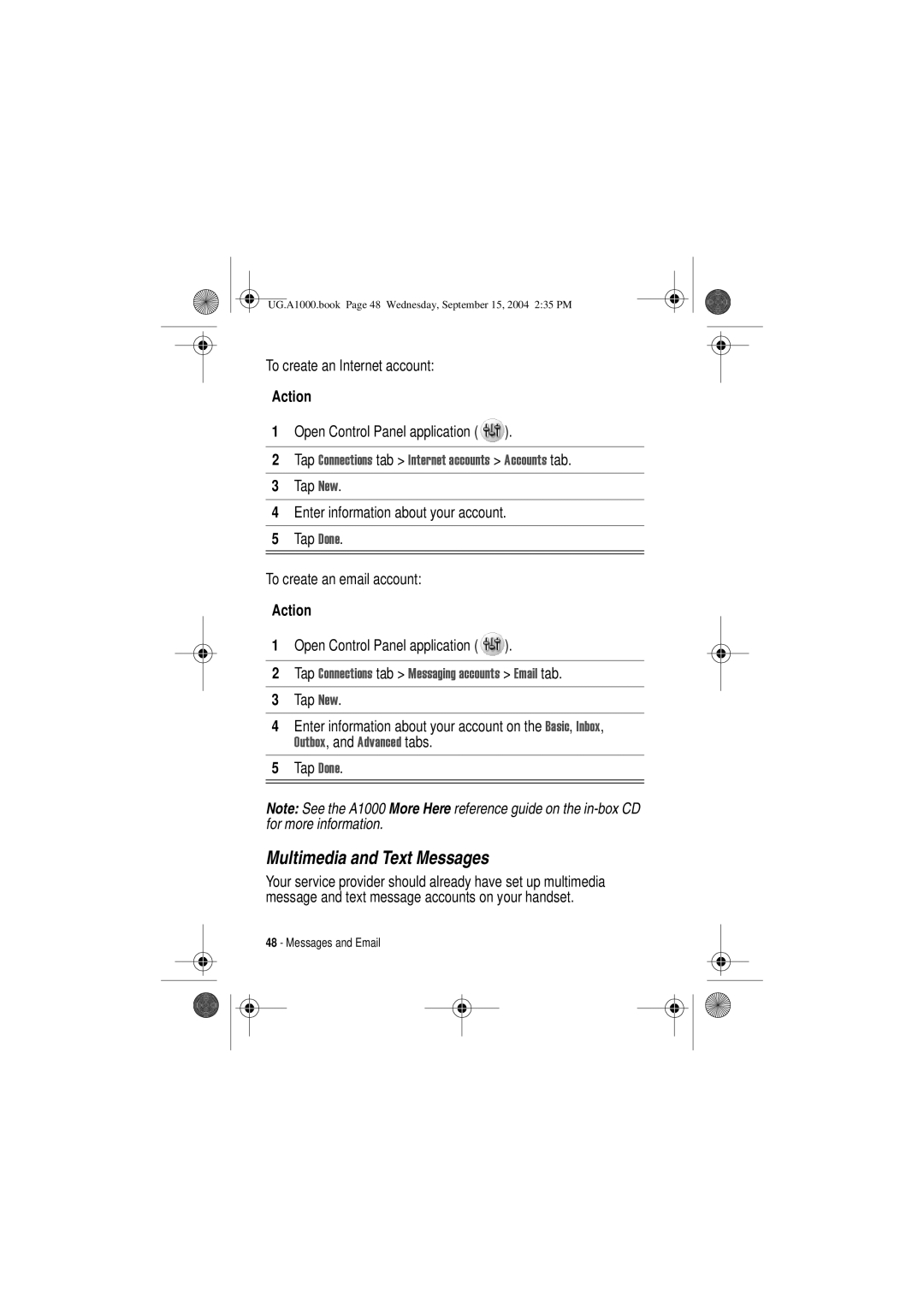 Motorola A1000 manual Multimedia and Text Messages, To create an Internet account, Open Control Panel application 