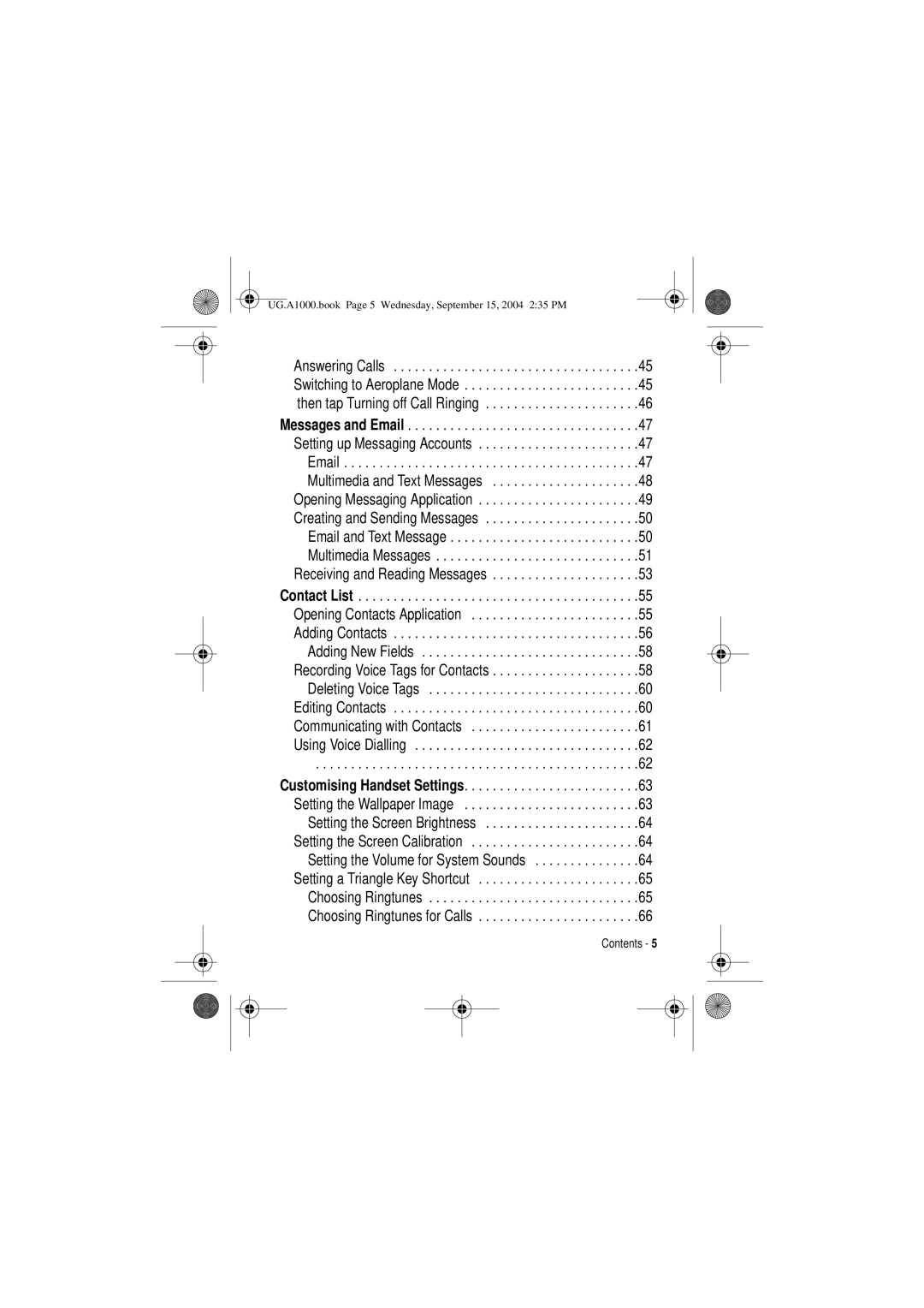 Motorola manual UG.A1000.book Page 5 Wednesday, September 15, 2004 235 PM 