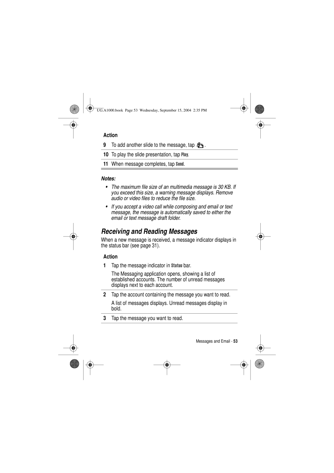 Motorola A1000 manual Receiving and Reading Messages, Tap the message indicator in Status bar 