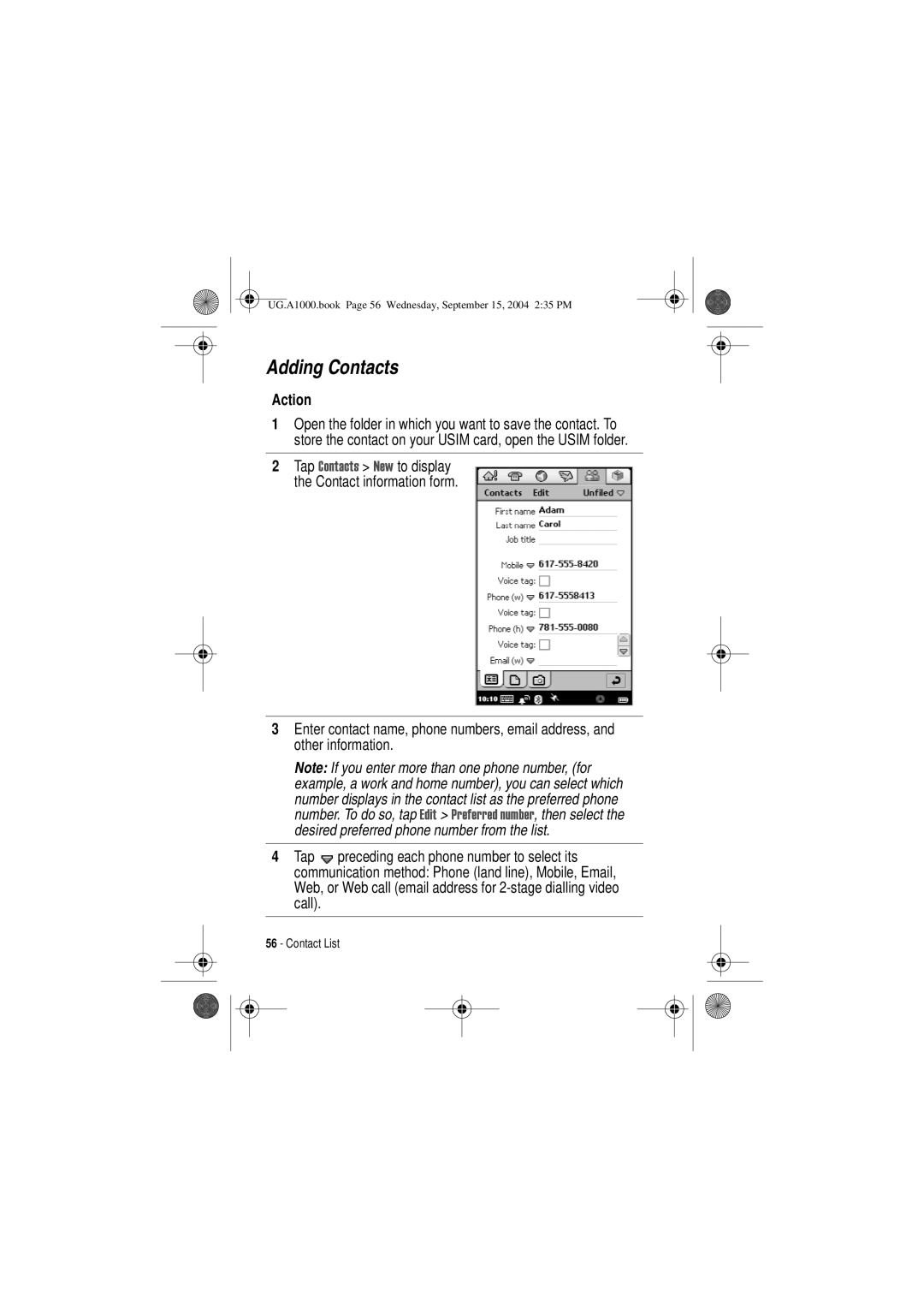 Motorola A1000 manual Adding Contacts 