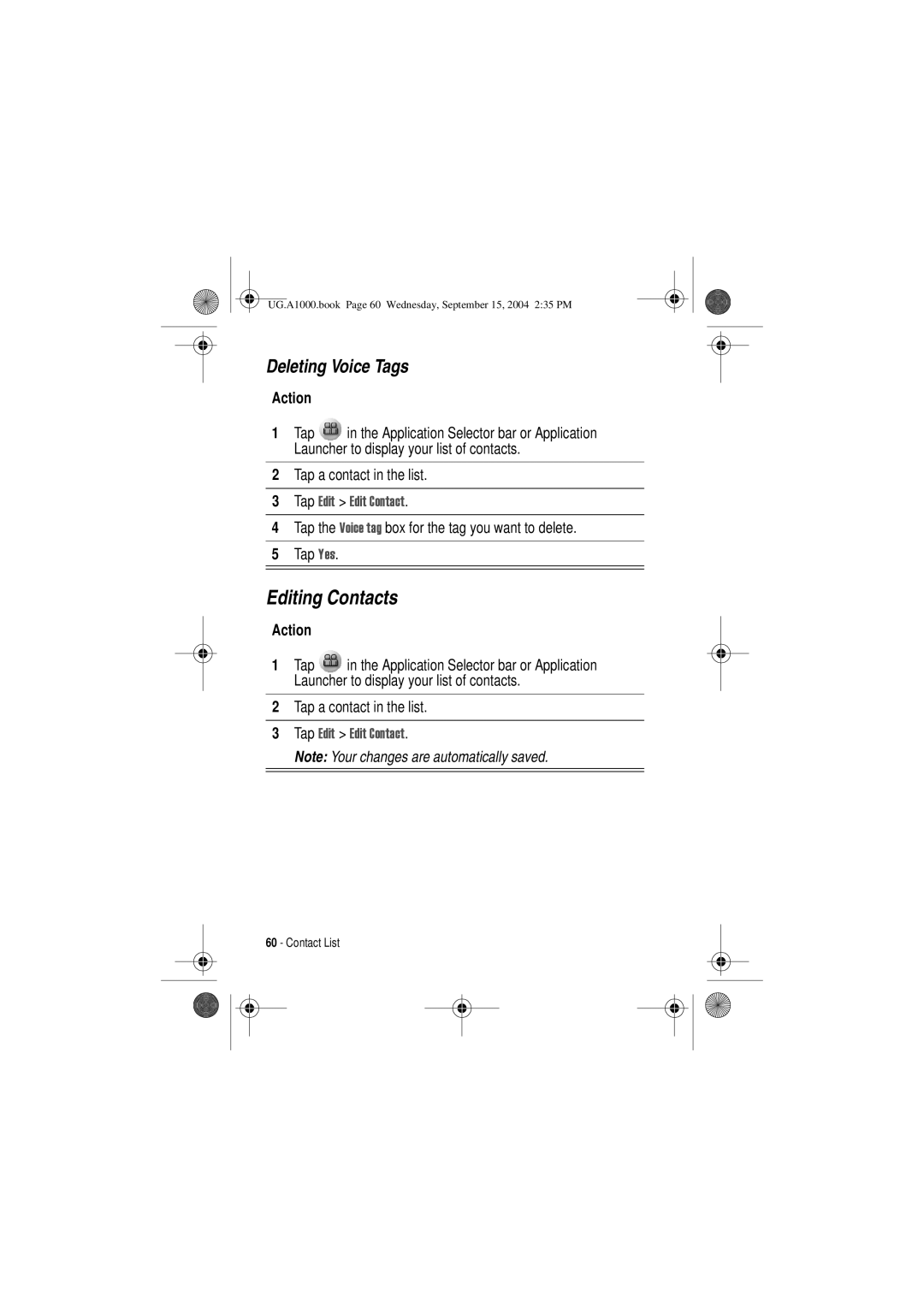 Motorola A1000 manual Editing Contacts, Deleting Voice Tags, Tap a contact in the list 