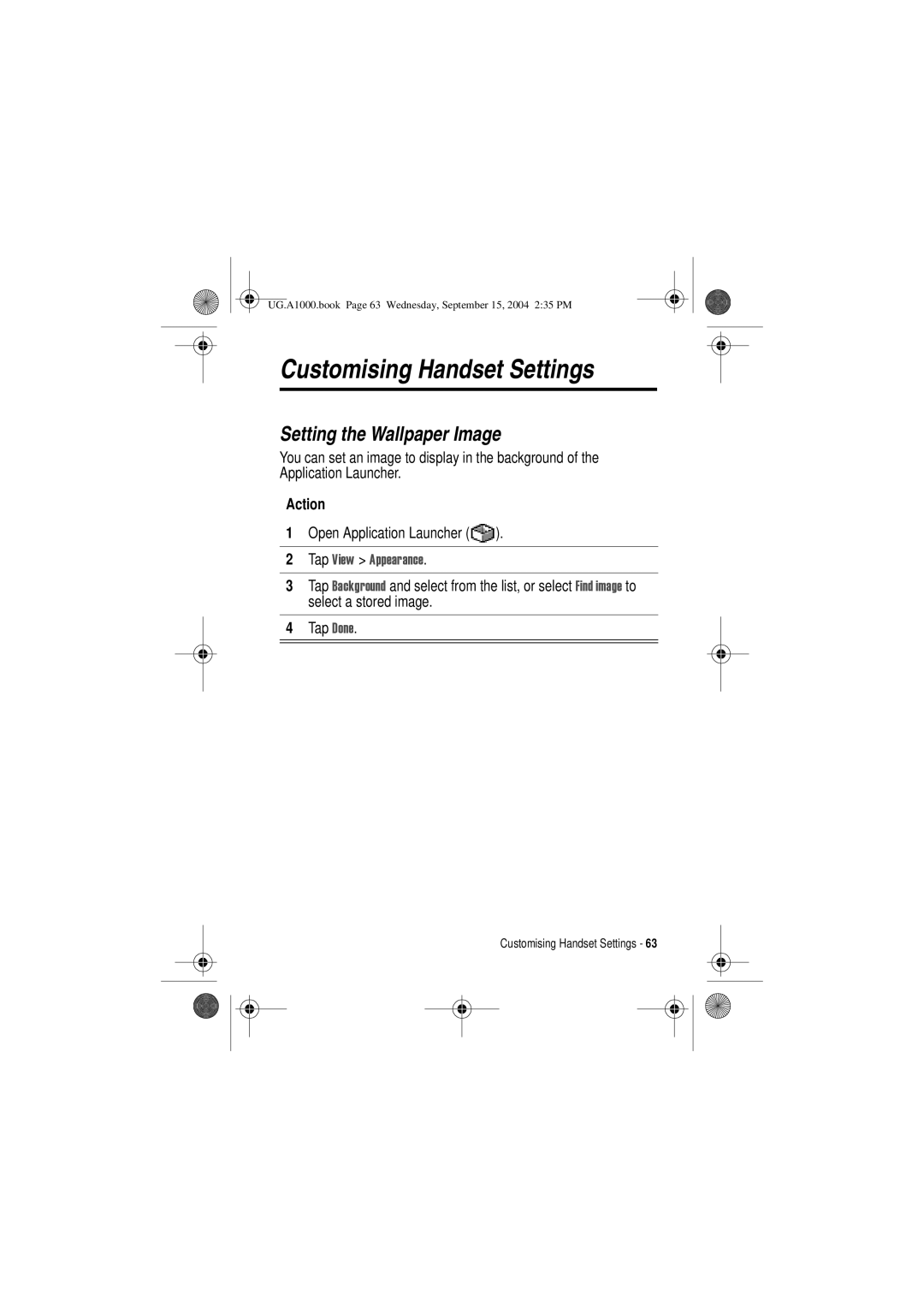 Motorola A1000 manual Customising Handset Settings, Setting the Wallpaper Image, Open Application Launcher 