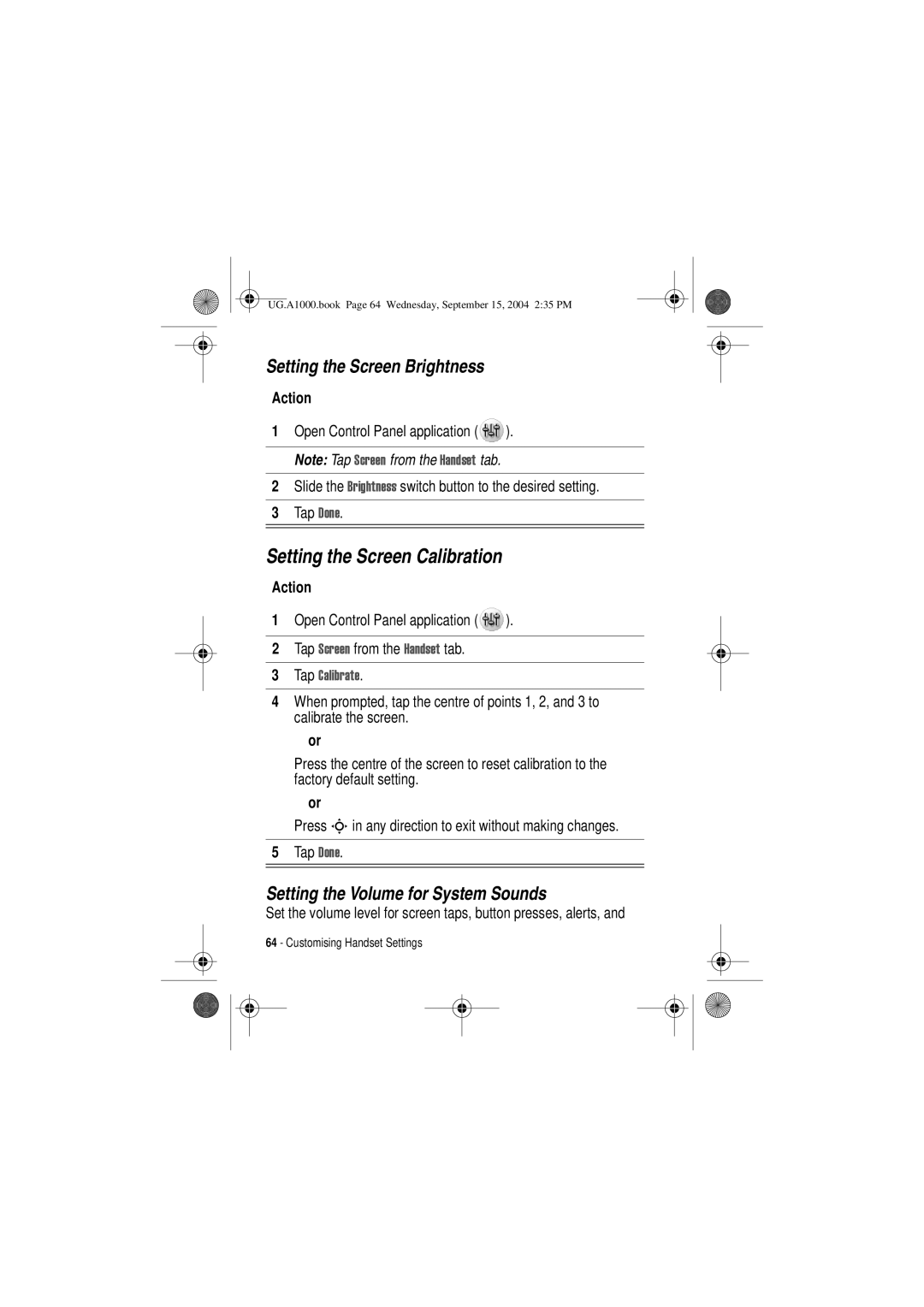 Motorola A1000 manual Setting the Screen Calibration, Setting the Screen Brightness, Setting the Volume for System Sounds 