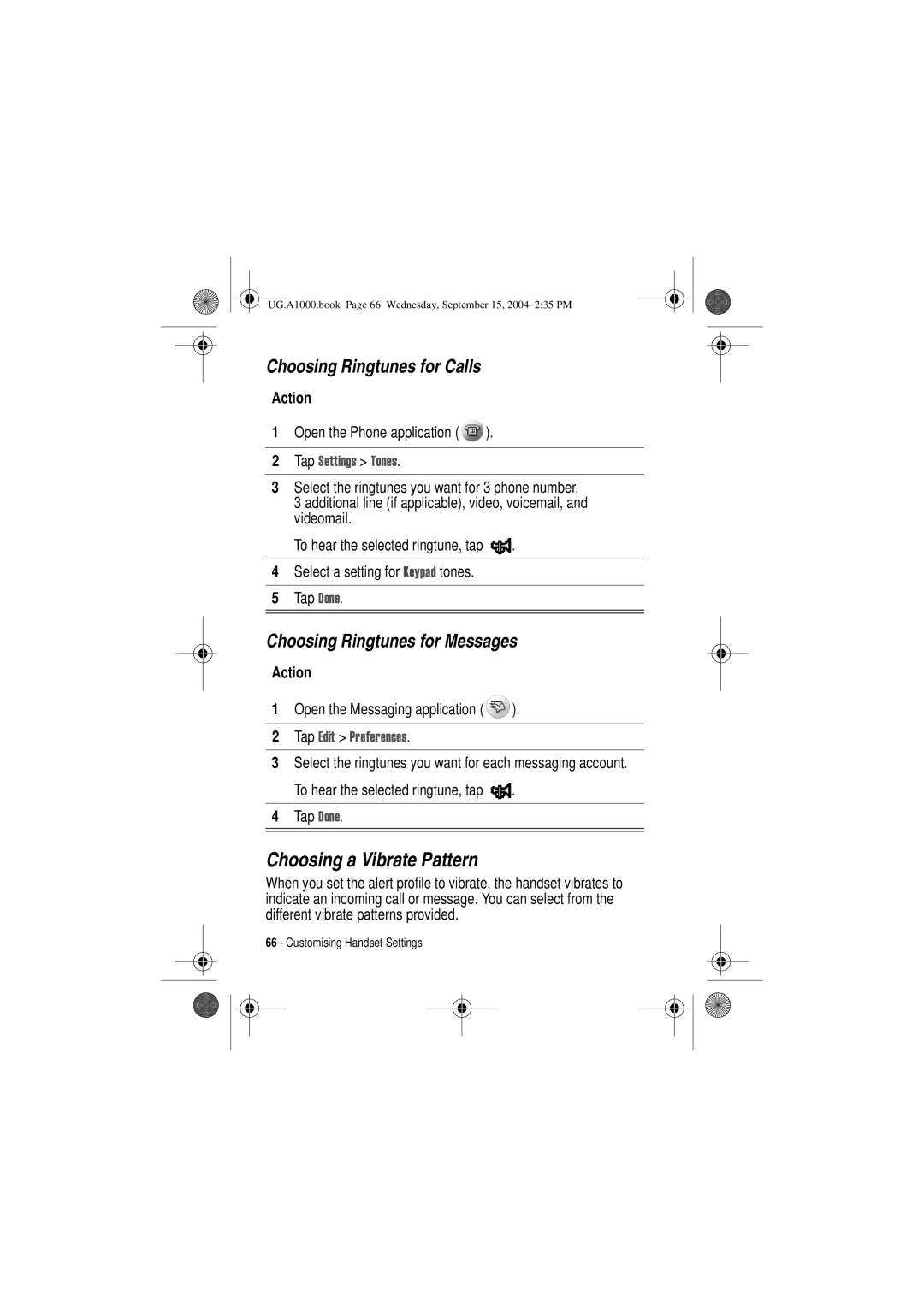 Motorola A1000 manual Choosing a Vibrate Pattern, Choosing Ringtunes for Calls, Choosing Ringtunes for Messages 