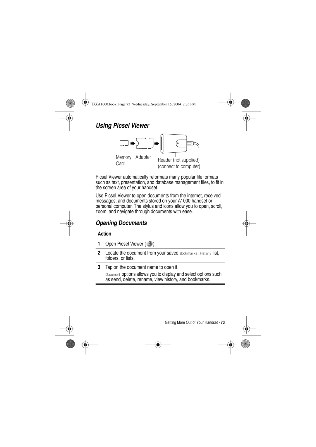 Motorola A1000 manual Using Picsel Viewer, Opening Documents, Memory Adapter, Card 