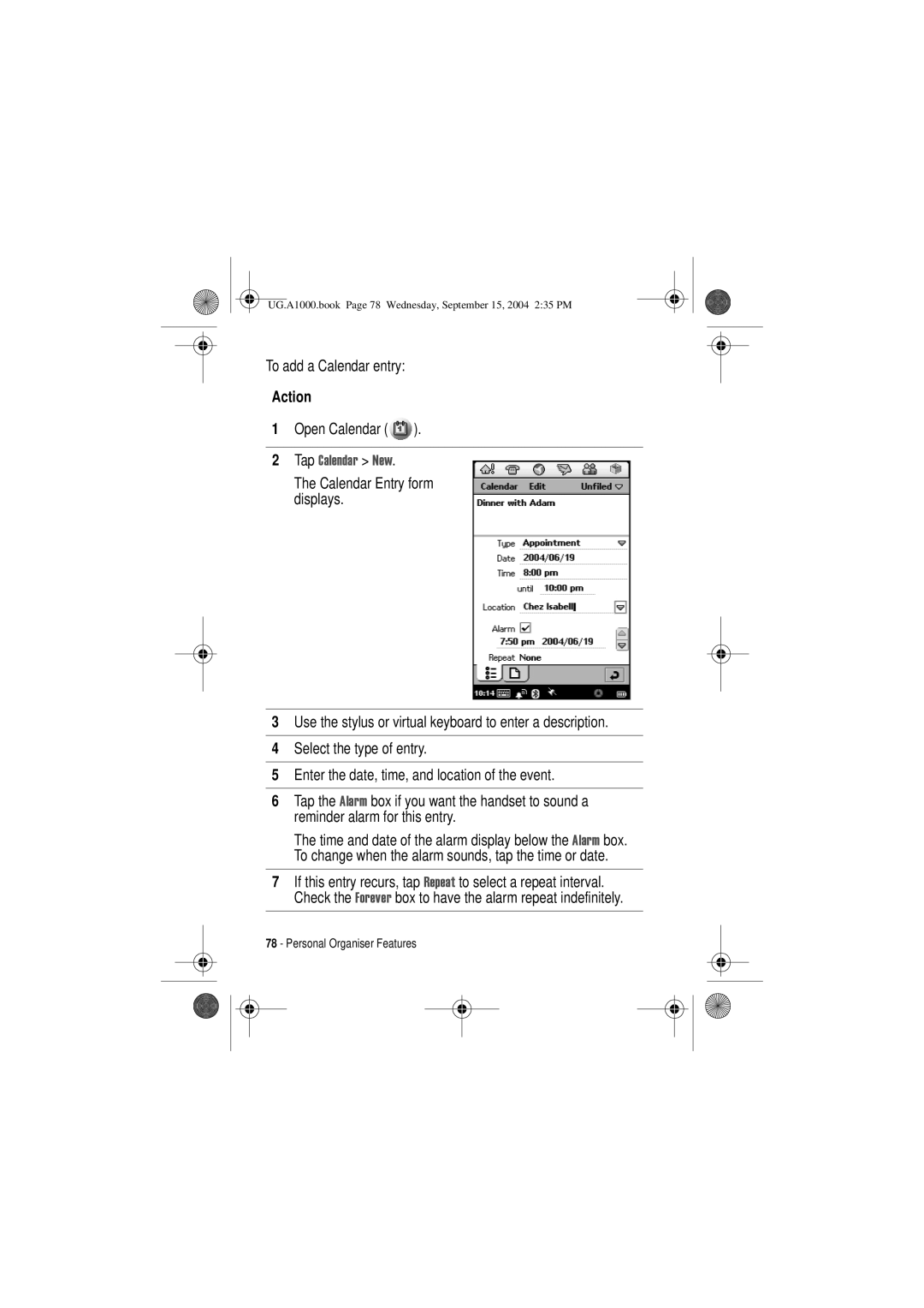 Motorola A1000 manual To add a Calendar entry, Open Calendar 