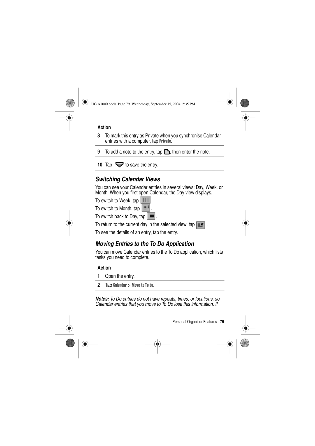 Motorola A1000 manual Switching Calendar Views, Moving Entries to the To Do Application, Open the entry 