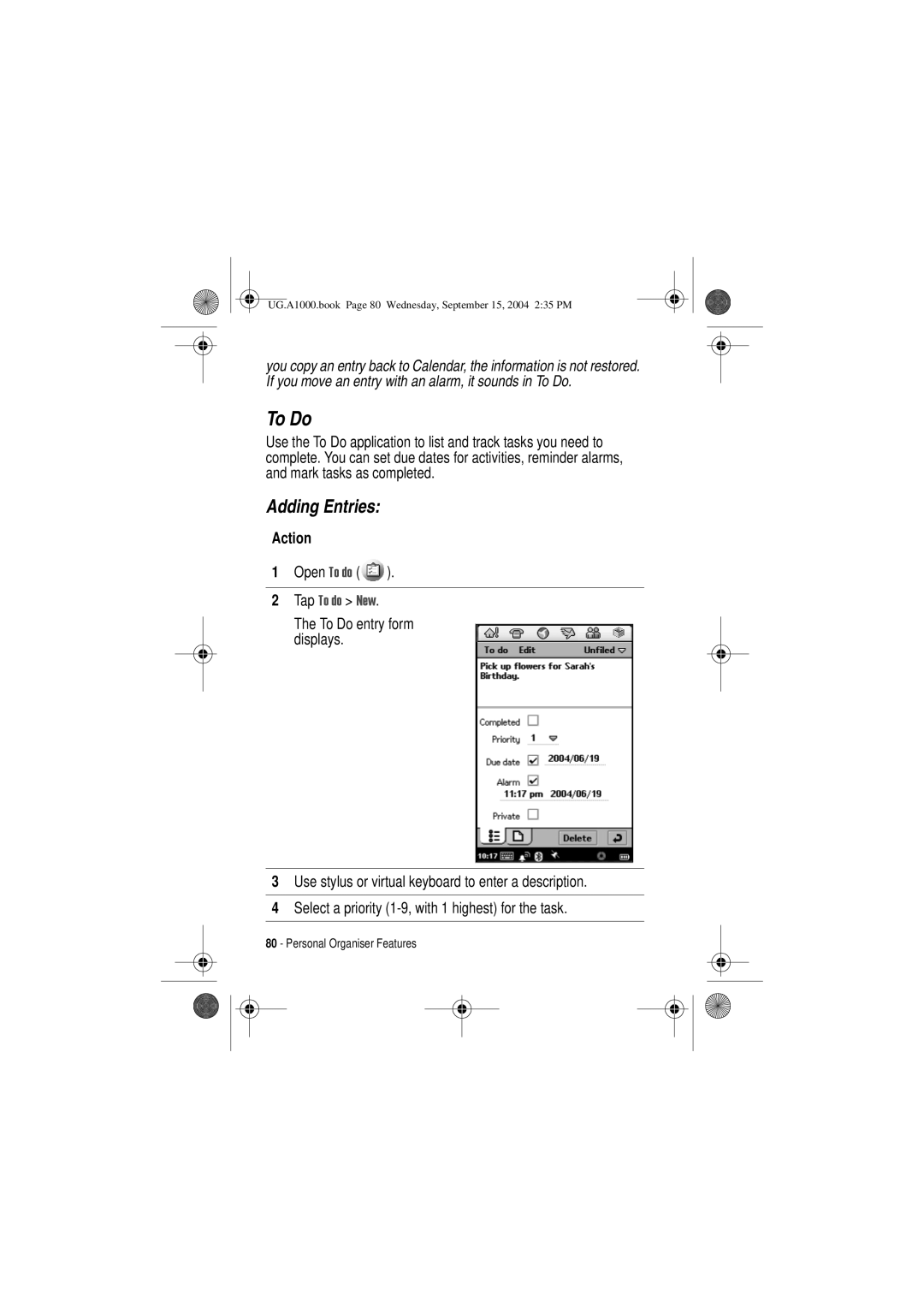 Motorola A1000 manual To Do, Adding Entries, Open To do 