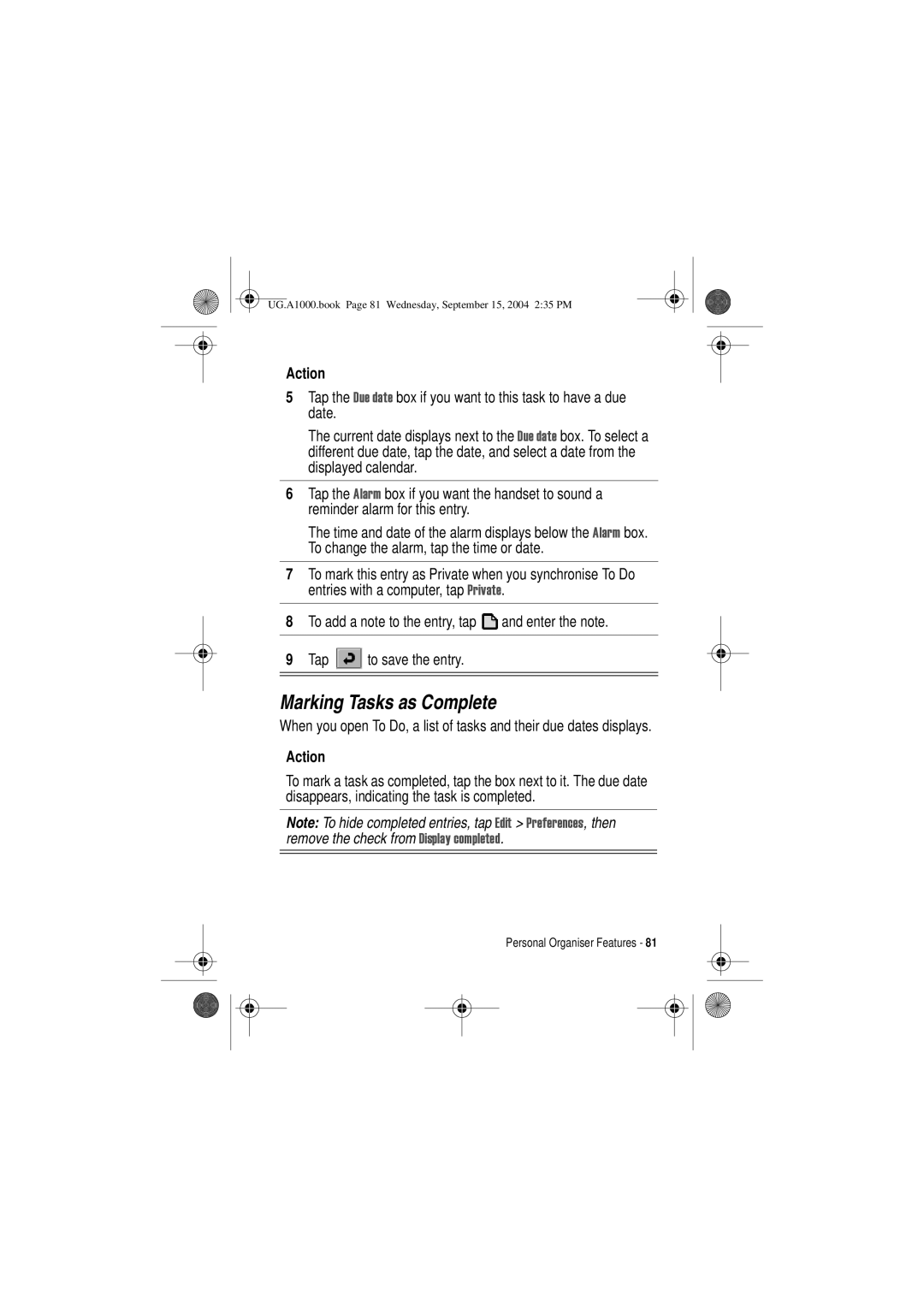 Motorola A1000 manual Marking Tasks as Complete 