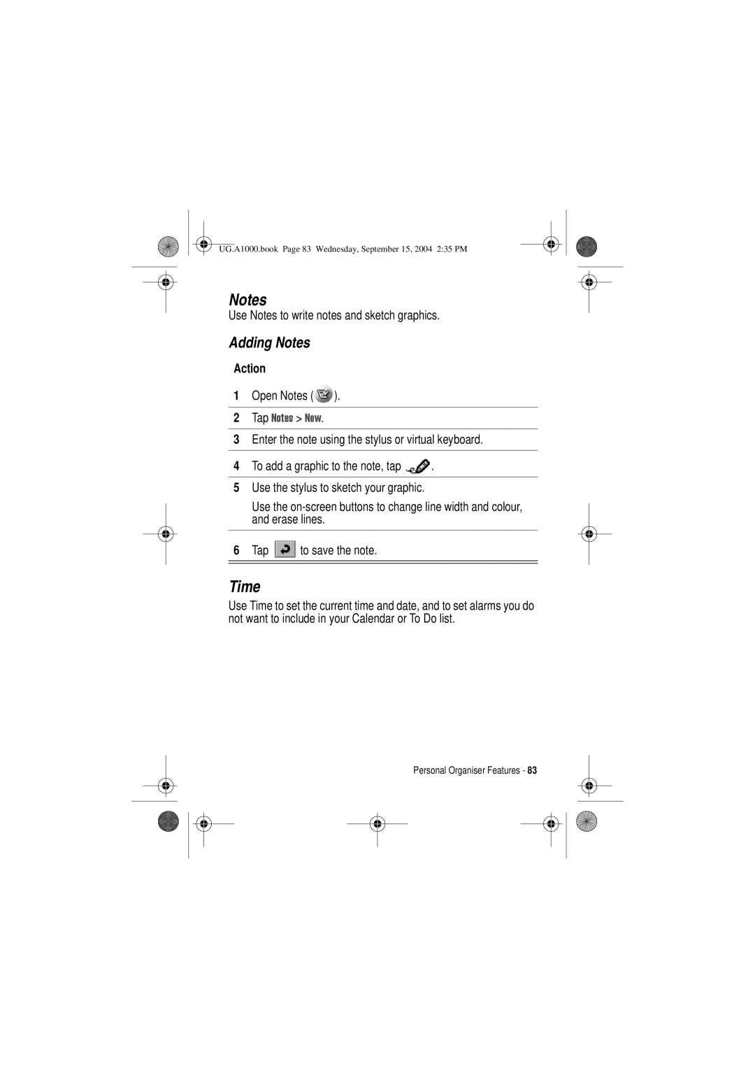 Motorola A1000 manual Time, Adding Notes, Use Notes to write notes and sketch graphics, Open Notes 