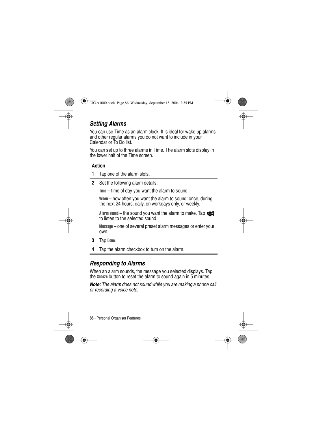 Motorola A1000 manual Setting Alarms, Responding to Alarms 