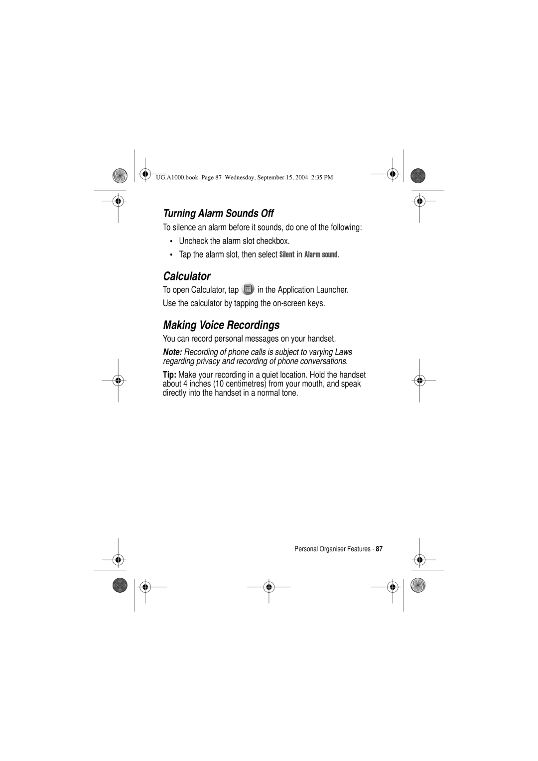 Motorola A1000 manual Calculator, Making Voice Recordings, Turning Alarm Sounds Off 