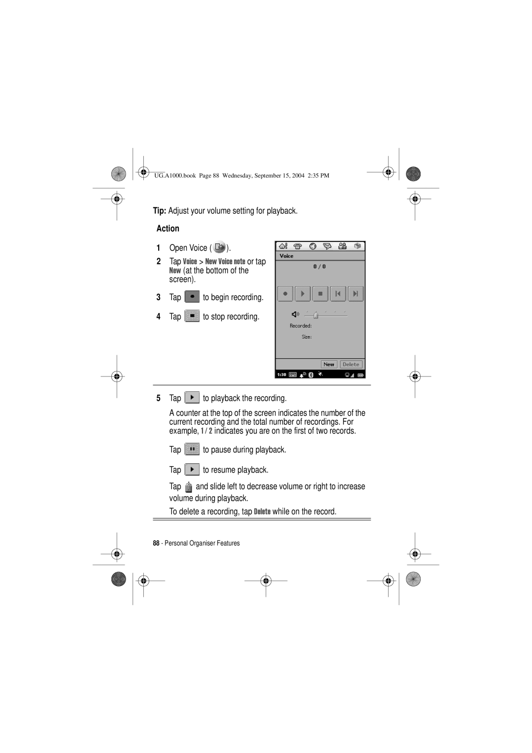 Motorola A1000 manual Tip Adjust your volume setting for playback, Open Voice 