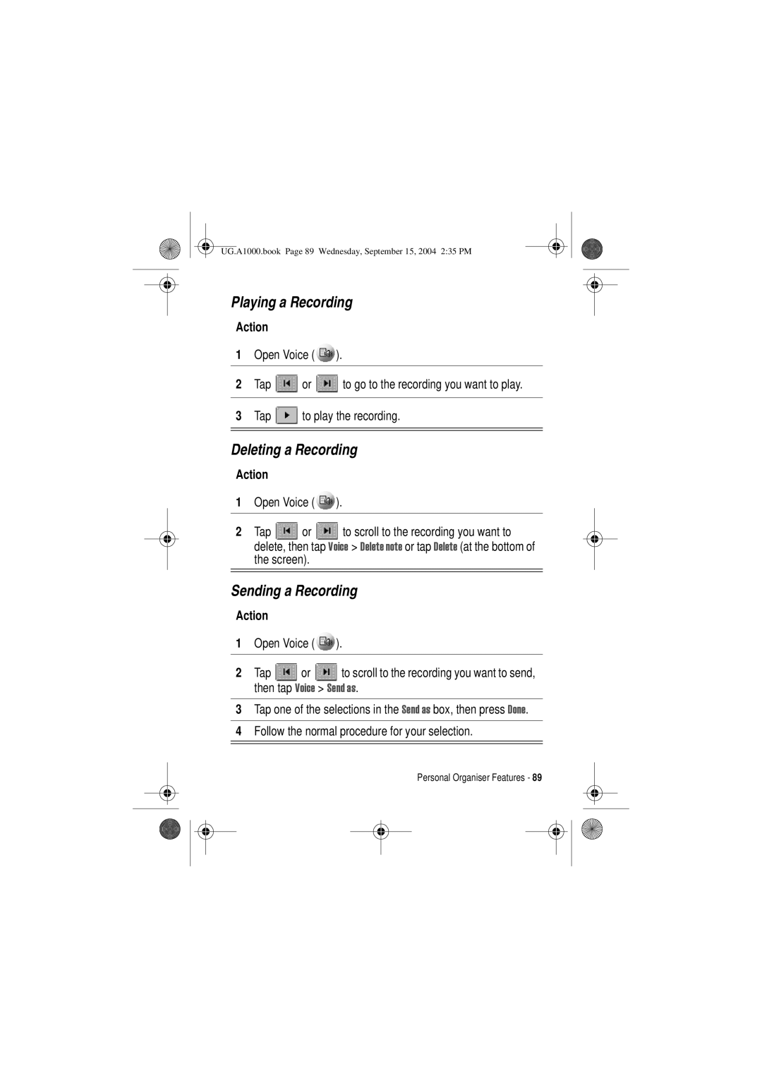 Motorola A1000 Playing a Recording, Deleting a Recording, Sending a Recording, Open Voice Tap, Tap To play the recording 