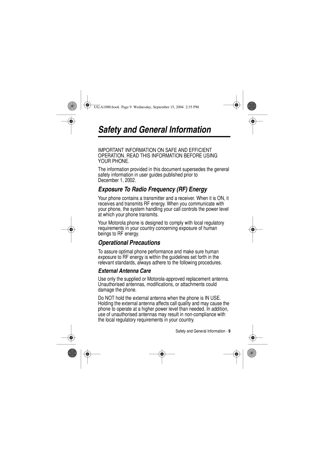 Motorola A1000 Safety and General Information, Exposure To Radio Frequency RF Energy, Operational Precautions, December 1 