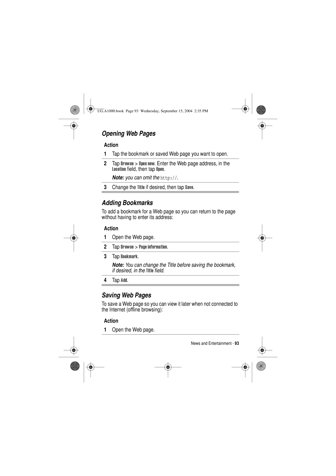 Motorola A1000 manual Opening Web Pages, Adding Bookmarks, Saving Web Pages, Open the Web 