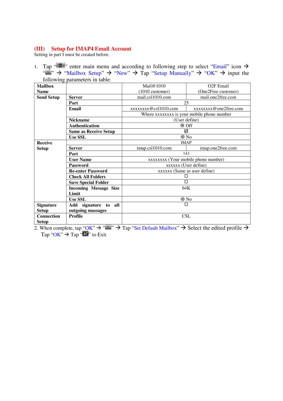 Motorola A1200 setup guide III Setup for IMAP4 Email Account, Csl 