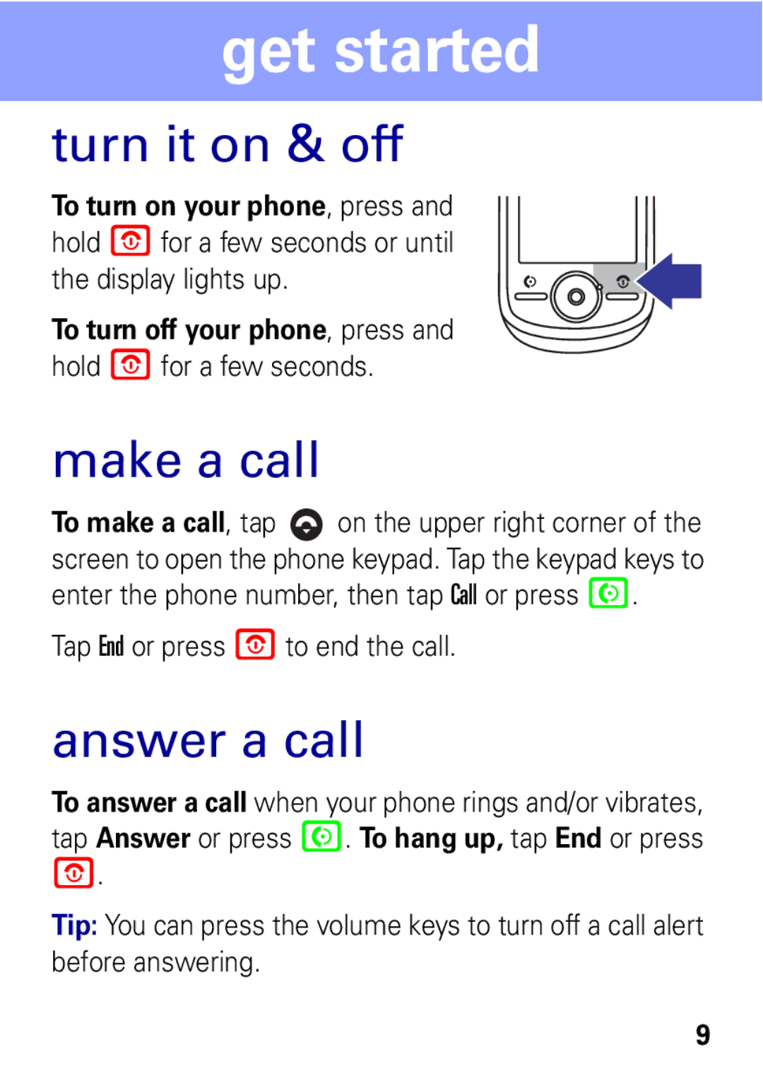 Motorola A1600 manual Turn it on & off, Make a call, Answer a call 