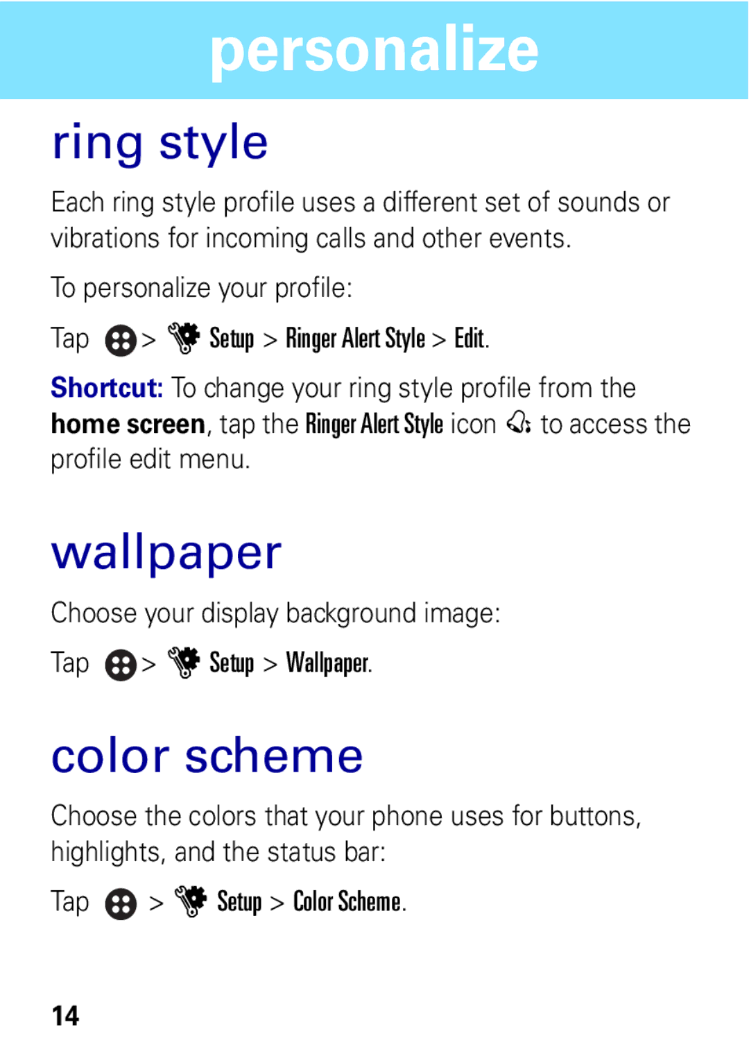 Motorola A1600 manual Personalize, Ring style, Wallpaper, Color scheme 