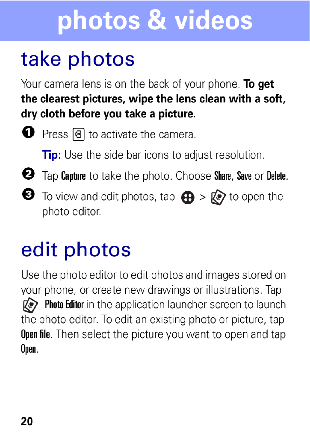 Motorola A1600 manual Photos & videos, Take photos, Edit photos 