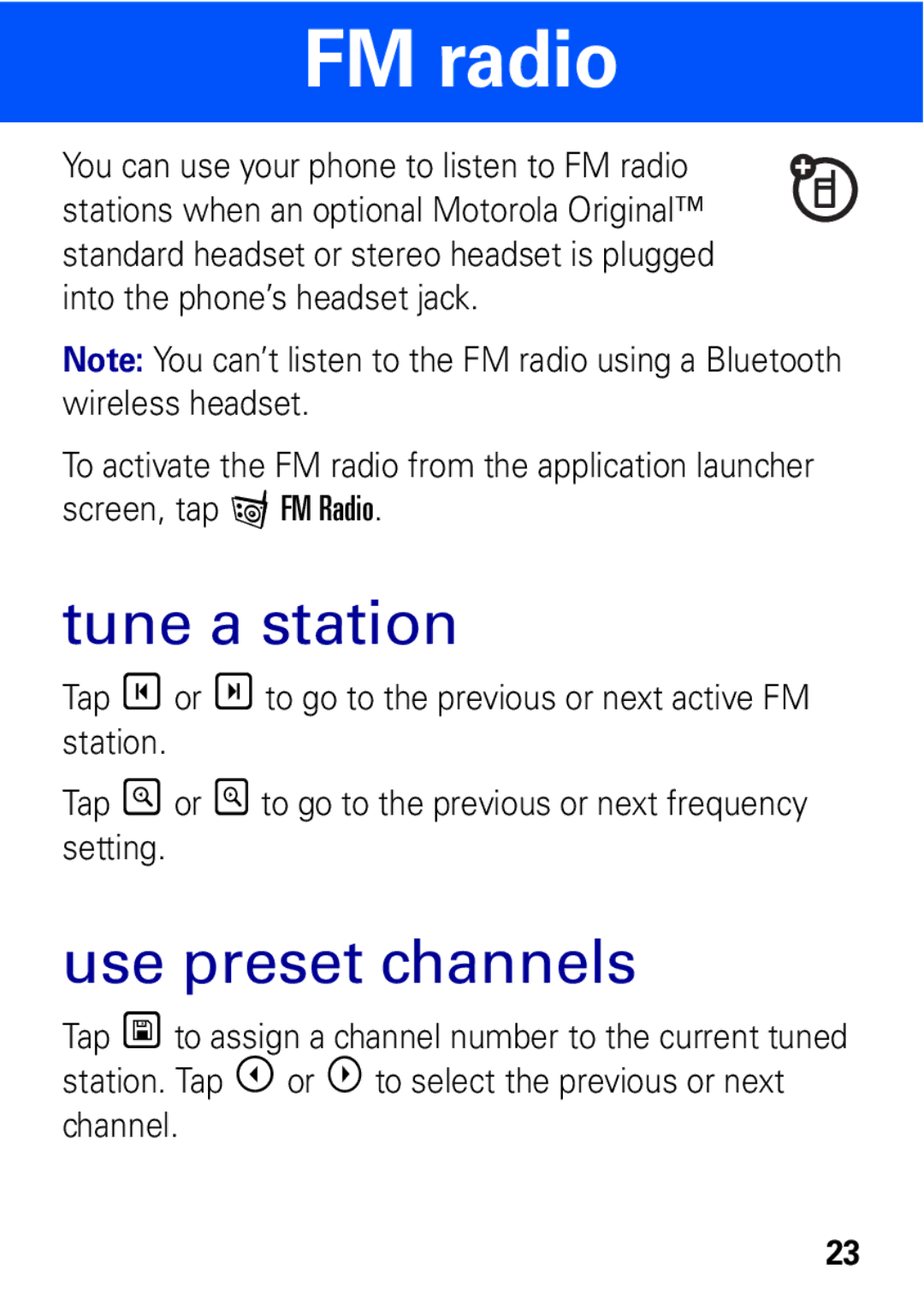 Motorola A1600 manual FM radio, Tune a station, Use preset channels 