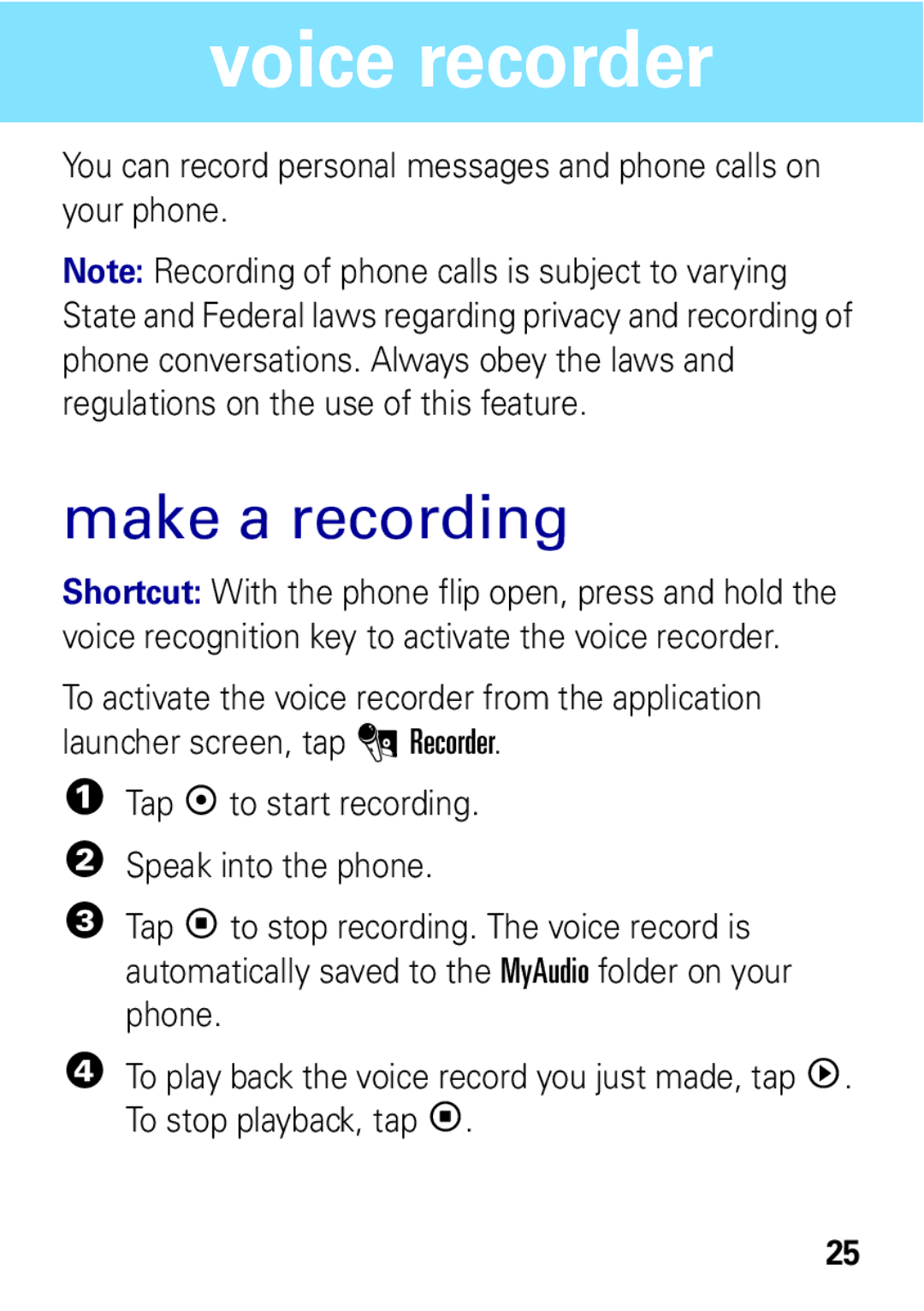 Motorola A1600 manual Voice recorder, Make a recording 