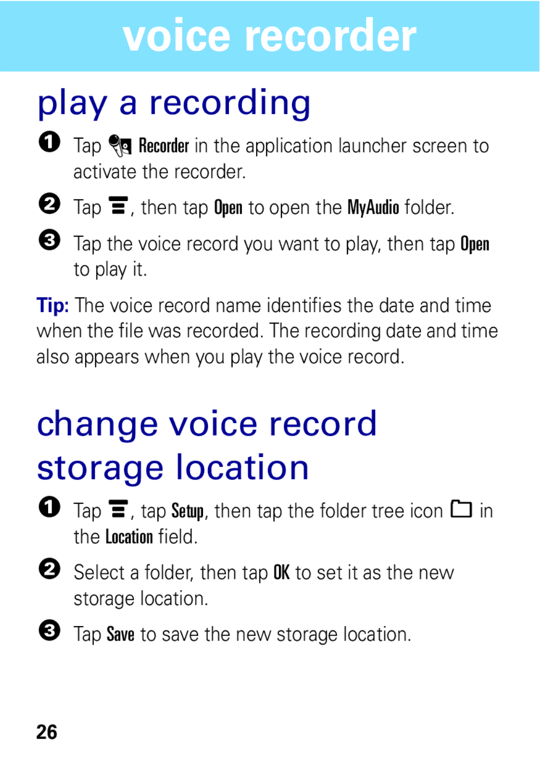 Motorola A1600 manual Play a recording, Change voice record storage location 