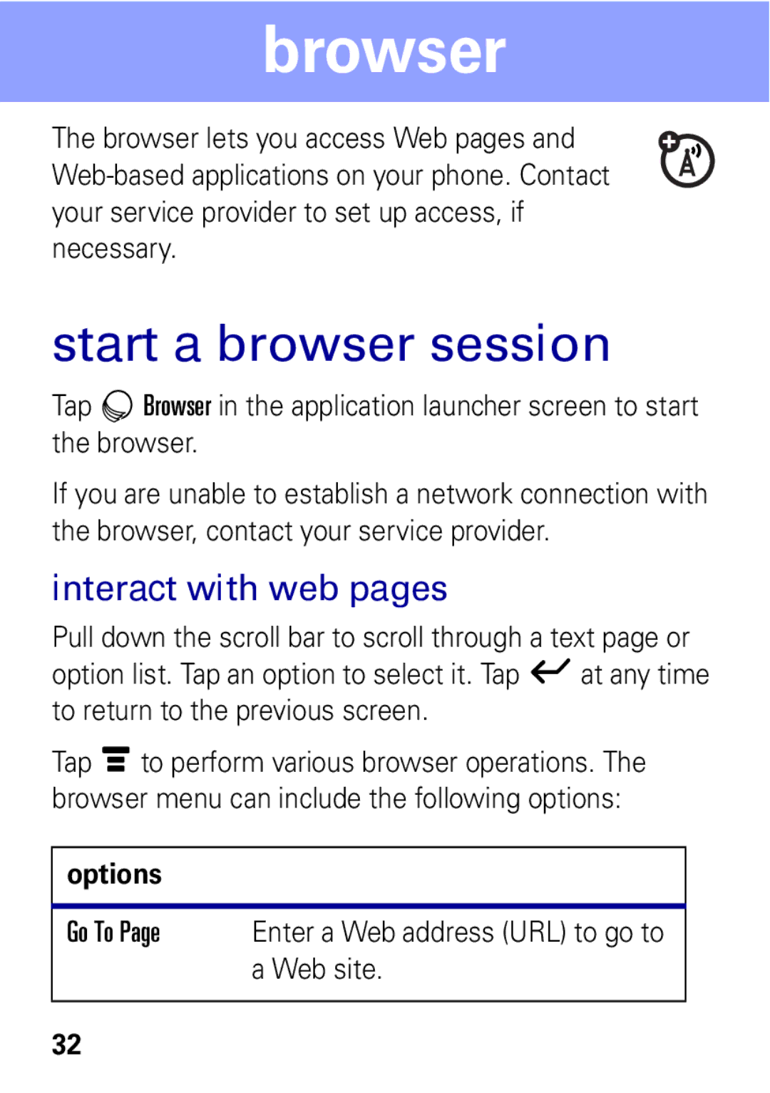 Motorola A1600 manual Browser, Start a browser session, Interact with web pages 