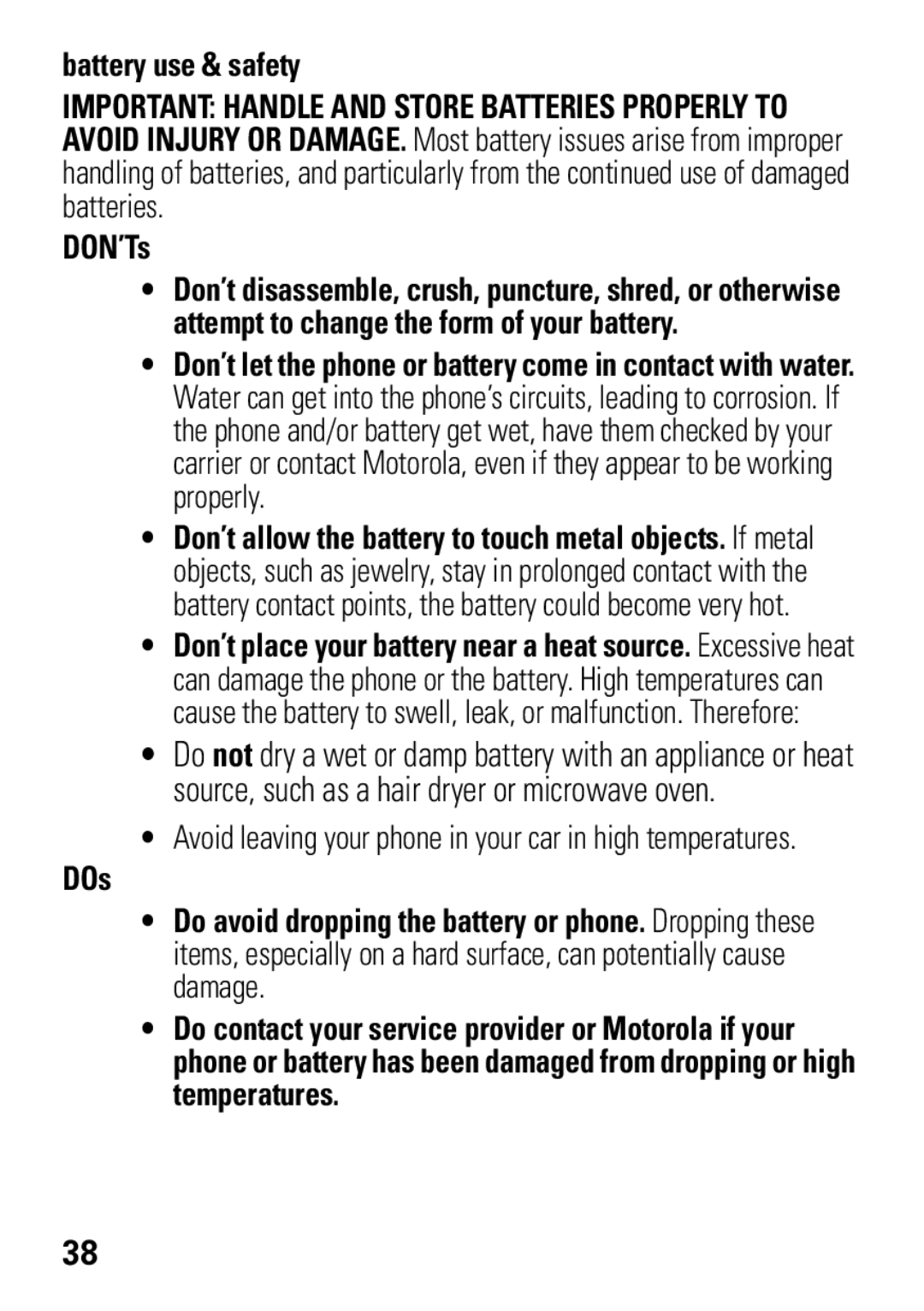 Motorola A1600 manual Battery use & safety, DON’Ts, DOs 