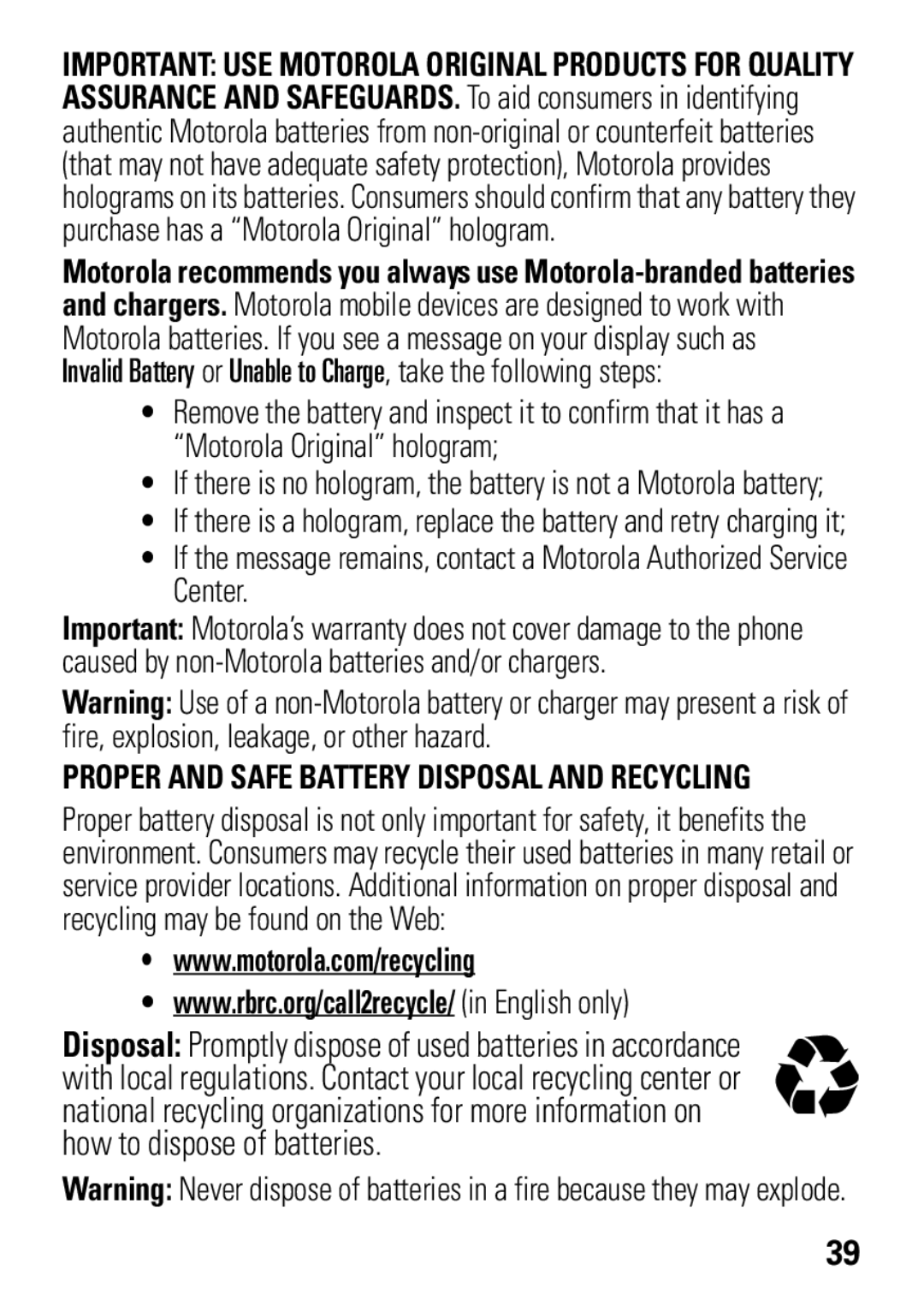 Motorola A1600 manual Proper and Safe Battery Disposal and Recycling 