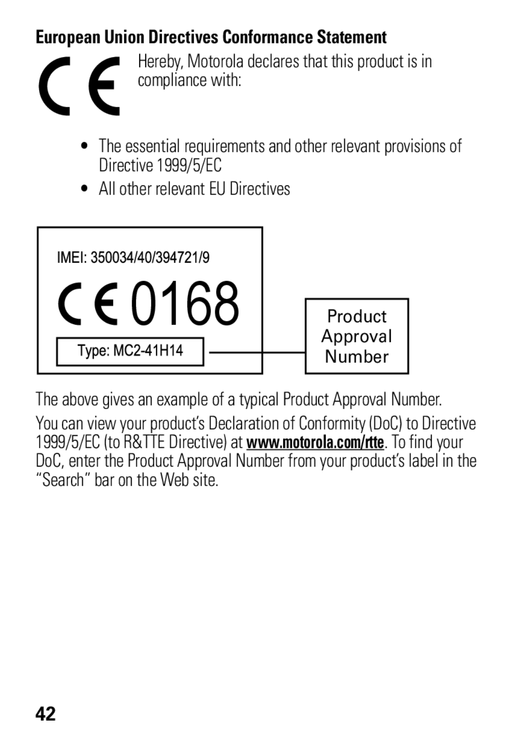 Motorola A1600 manual 0168, European Union Directives Conformance Statement 