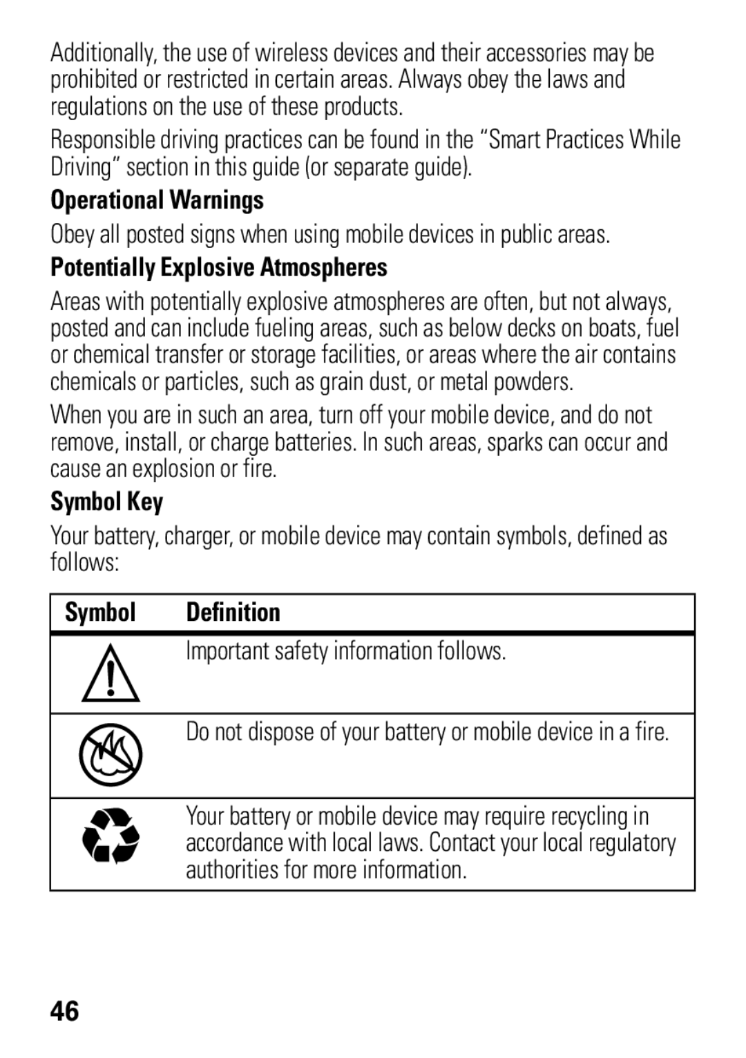 Motorola A1600 manual Operational Warnings, Potentially Explosive Atmospheres, Symbol Key, Symbol Definition 