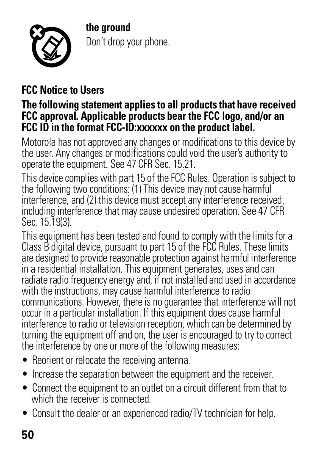 Motorola A1600 manual Ground, FCC Notice to Users 