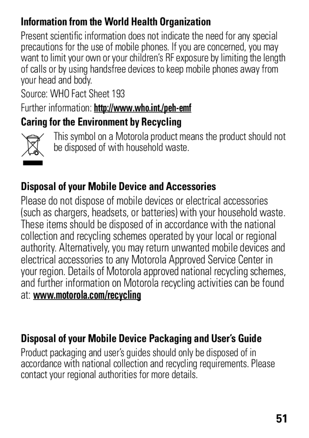 Motorola A1600 manual Information from the World Health Organization, Caring for the Environment by Recycling 