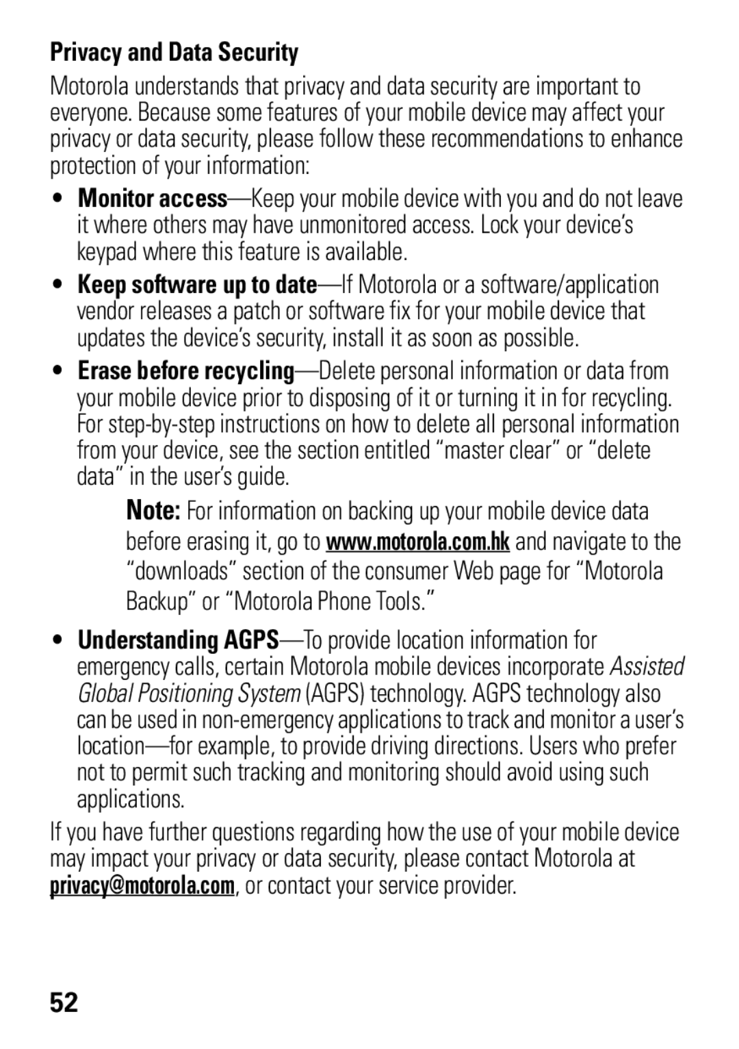 Motorola A1600 manual Privacy and Data Security 