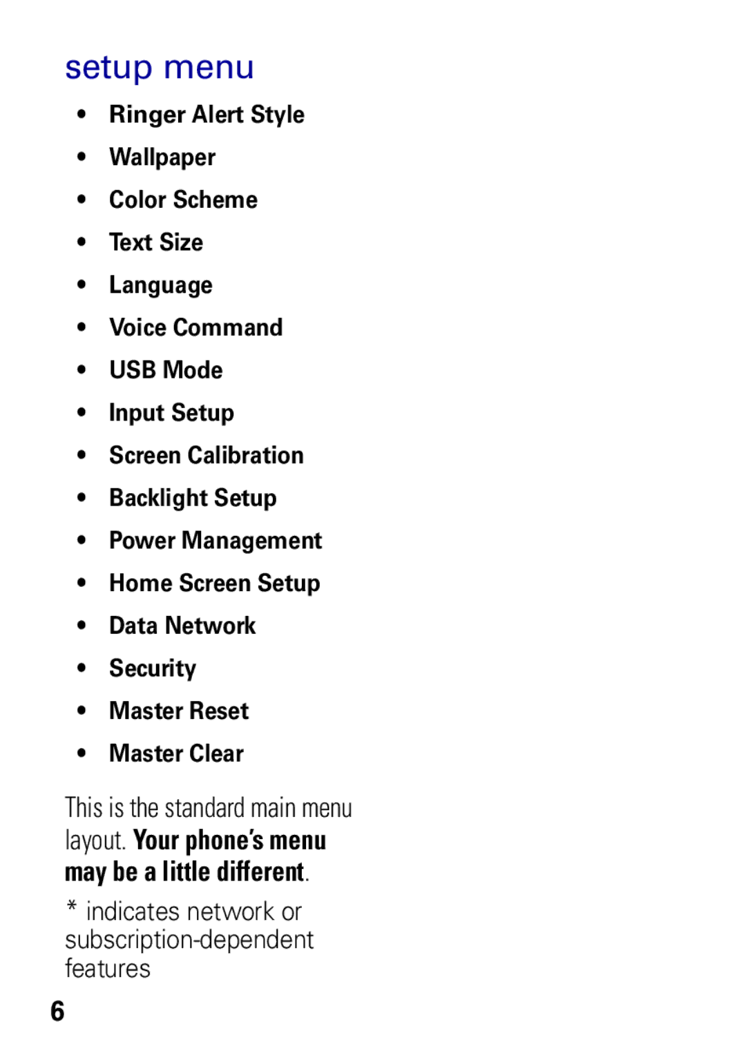 Motorola A1600 manual Setup menu 