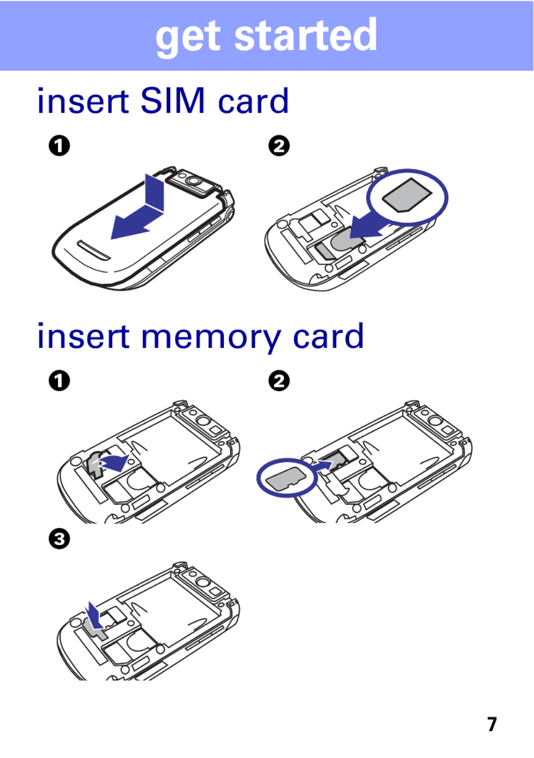 Motorola A1600 manual Get started, Insert SIM card Insert memory card 