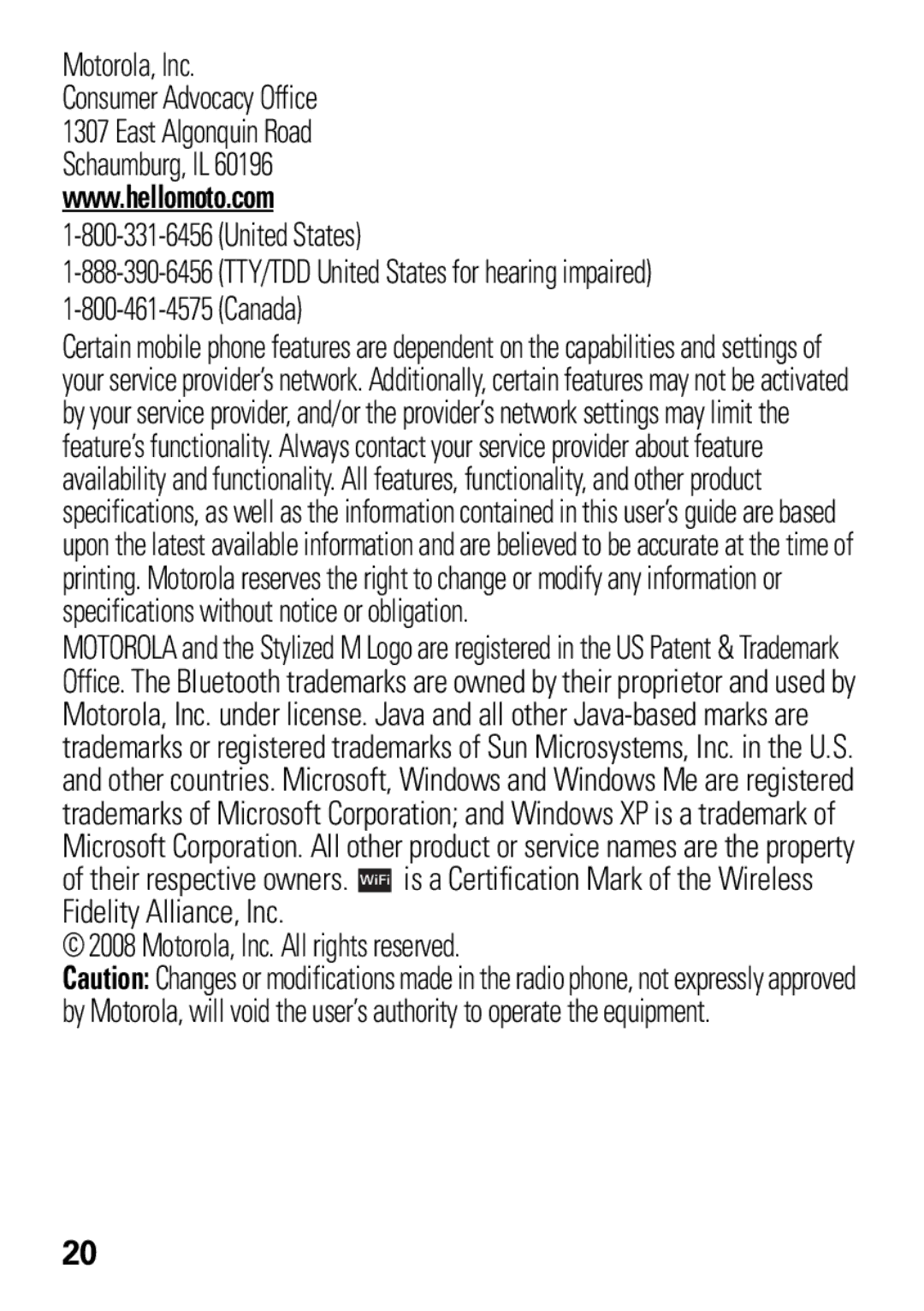 Motorola A3100 manual Motorola, Inc Consumer Advocacy Office United States Canada 