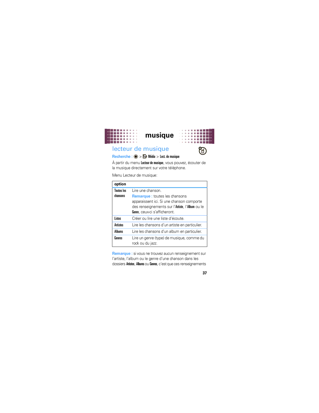 Motorola A455 manual Recherche Média Lect. de musique, Menu Lecteur de musique, Lire une chanson 