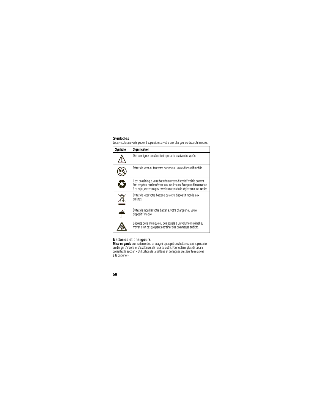 Motorola A455 manual Symboles, Batteries et chargeurs 