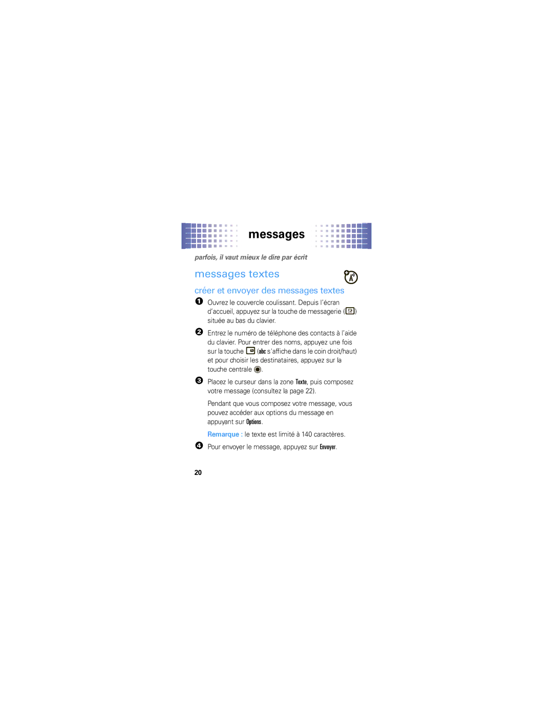 Motorola A455 manual Messages textes, Créer et envoyer des messages textes 