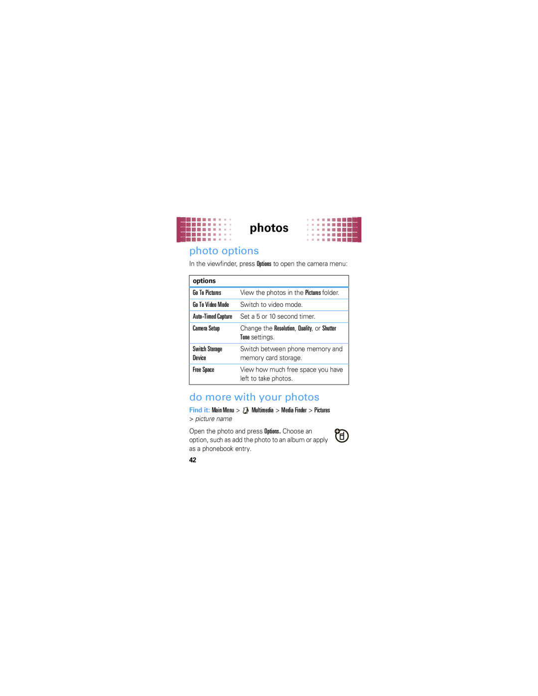 Motorola A45ECO manual Photo options, Do more with your photos, Options 