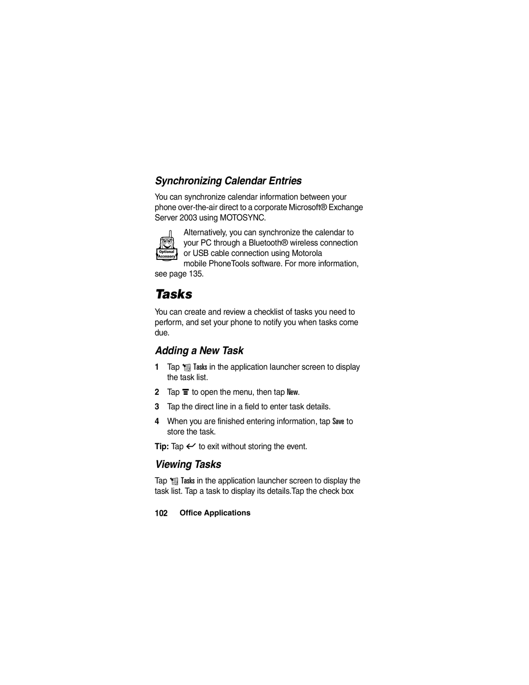 Motorola A780 manual Synchronizing Calendar Entries, Adding a New Task, Viewing Tasks 