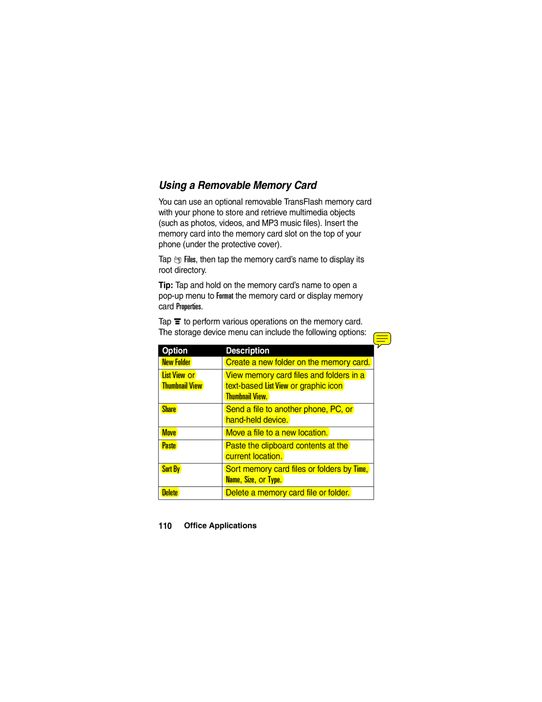 Motorola A780 manual Using a Removable Memory Card, Text-based List View or graphic icon 