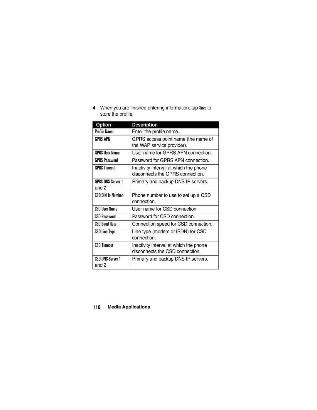 Motorola A780 manual WAP service provider, Password for Gprs APN connection, Primary and backup DNS IP servers, Connection 