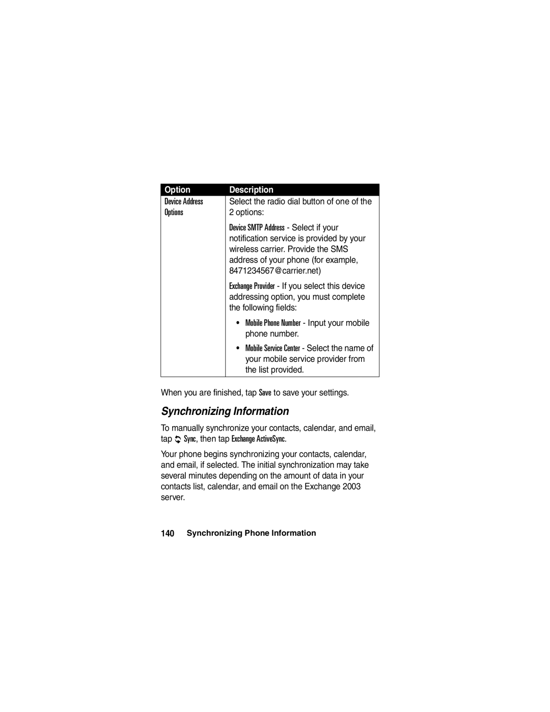 Motorola A780 manual Synchronizing Information 