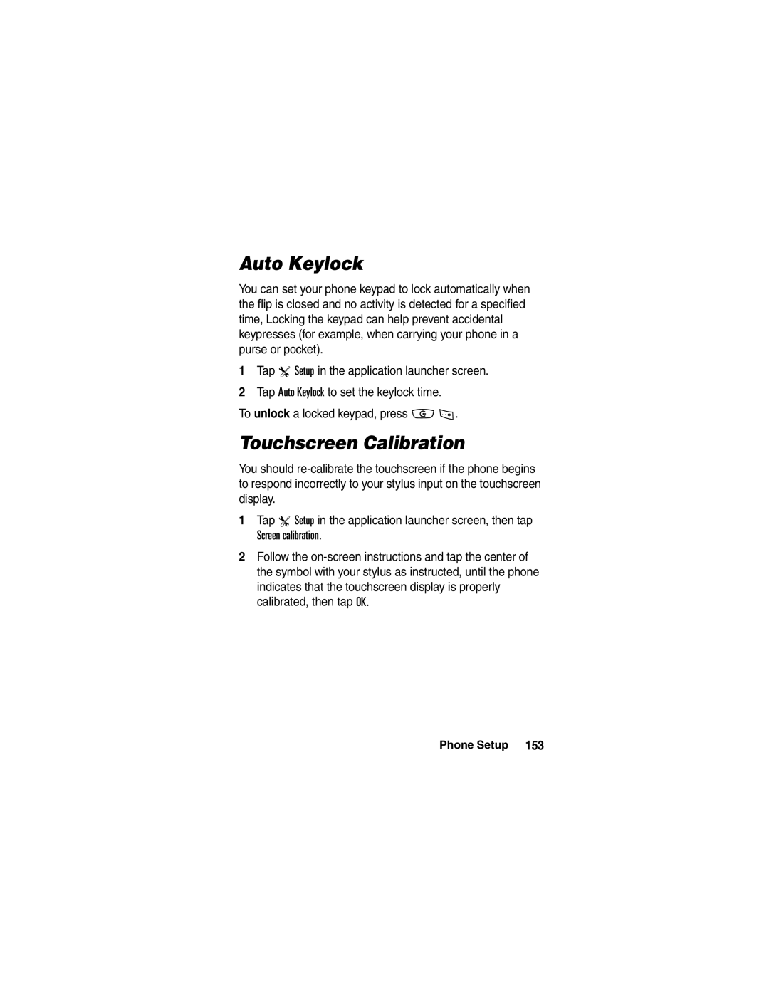 Motorola A780 manual Auto Keylock, Touchscreen Calibration 