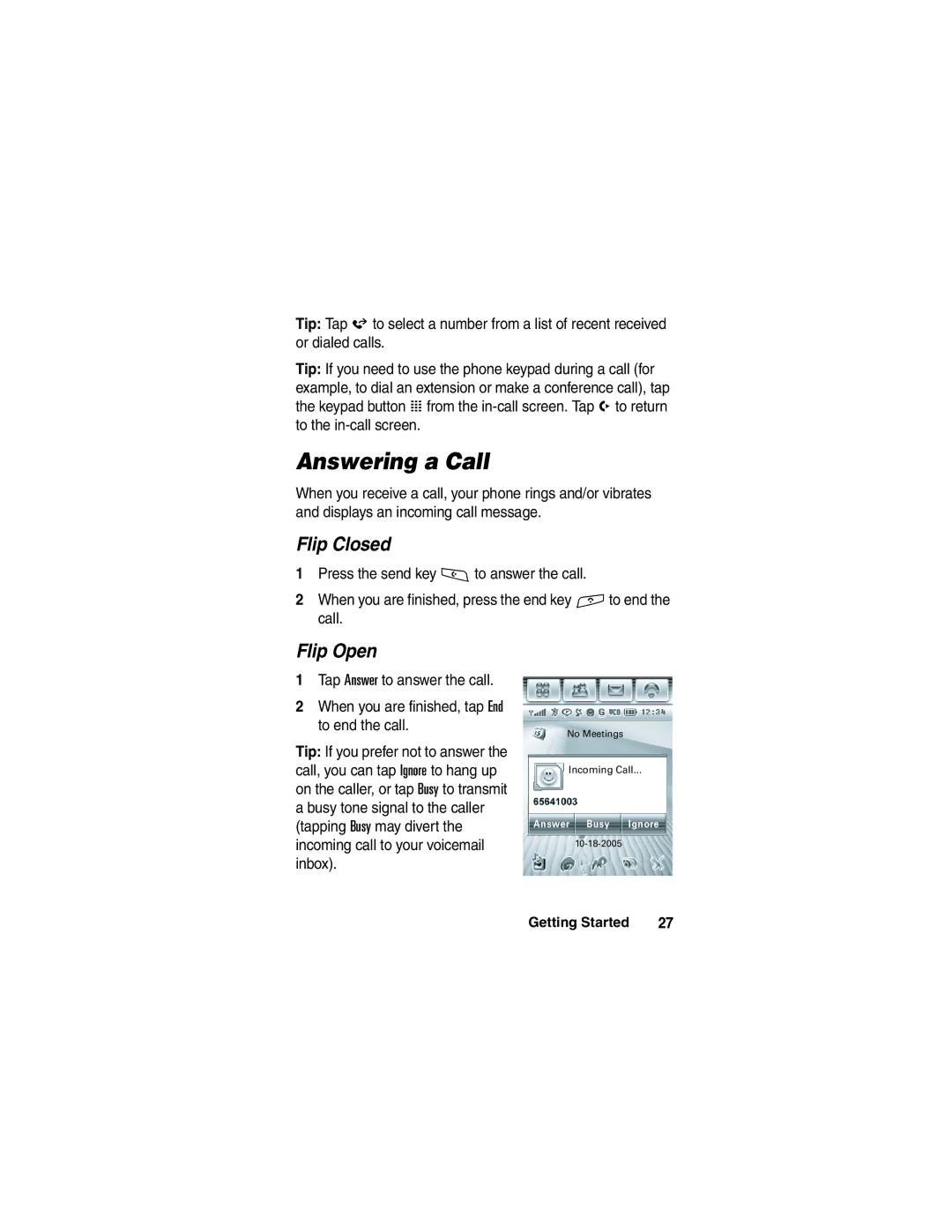 Motorola A780 manual Answering a Call 